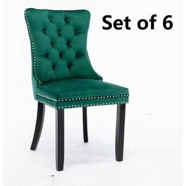 Set of 6 Velvet Fabric Dining Chairs Luxury Tufted Back with Nailed Trim and Back Ring Pull Home Kitchen Dining Room Chairs Armless Accent Side Chairs Solid Rubber Wood Legs