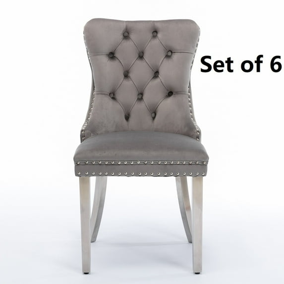 Set of 6 Velvet Fabric Dining Chairs Luxury Tufted Back with Nailed Trim and Back Ring Pull Home Kitchen Dining Room Chairs Armless Accent Side Chairs Solid Steel Legs(with Steel Leg)