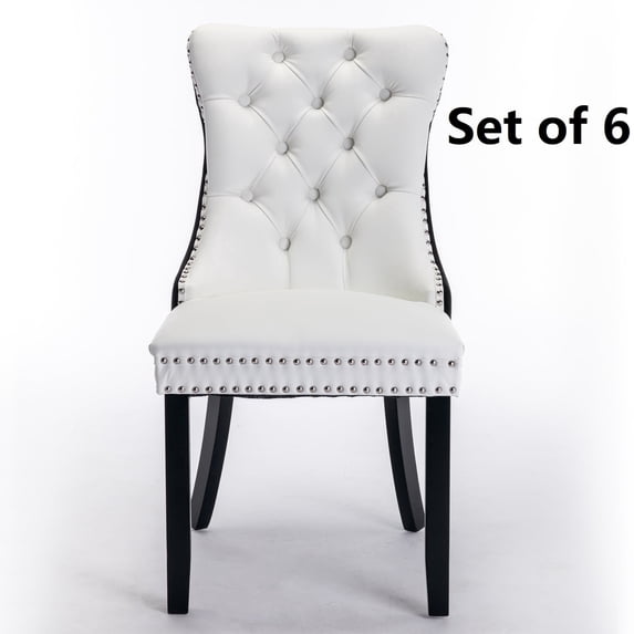 Set of 6 Velvet and PU Fabric Dining Chairs Luxury Tufted Back with Nailed Trim and Back Ring Pull Home Kitchen Dining Room Chairs Armless Accent Side Chairs Solid Rubber Wood Legs(with PU)