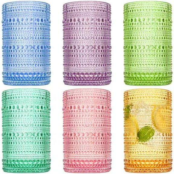 Set of 6 Vintage Drinking Glasses, 12 Oz Colored Hobnail Glasses Tumbler, Embossed Design Glass Tumblers Set for Water, Beverages, Juice, Beer, Cocktail, Whiskey, Milk$$Home Decor, Kitchen, & Other