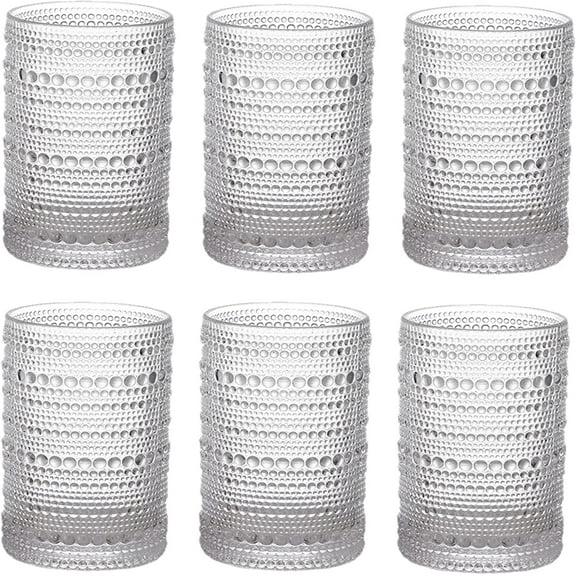 Set of 6 Vintage Drinking Glasses, 13 oz Clear Hobnail Glasses Tumbler, Embossed Design Glassware for Beverages, Water, Juice, Beer, Cocktail, Whiskey and Milk