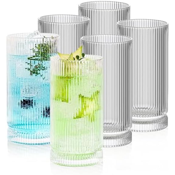 Set of 6 Vintage Drinking Glasses, 16 OZ Ribbed Glassware, Origami Style Highball Glasses, Fluted Glassware for Cocktail, Glass Cups for Beverages, Beer, Whiskey$$Home Decor, Kitchen, & Other