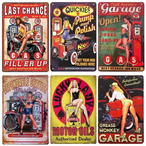 Set of 6 Vintage Gas Station Tin Signs - Retro Metal Wall Art Decor for Home Bars, Clubs, Cafes - American Classics Lady Motor Bike Design - 8x12 Inch