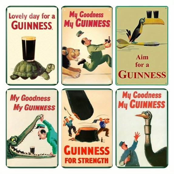 Set of 6 Vintage Guinness for Strength Metal Tin Signs - Retro Beer Advertising Posters for Pub Bar Home Decor - Iron Plaque Wall Art Decorative Signage