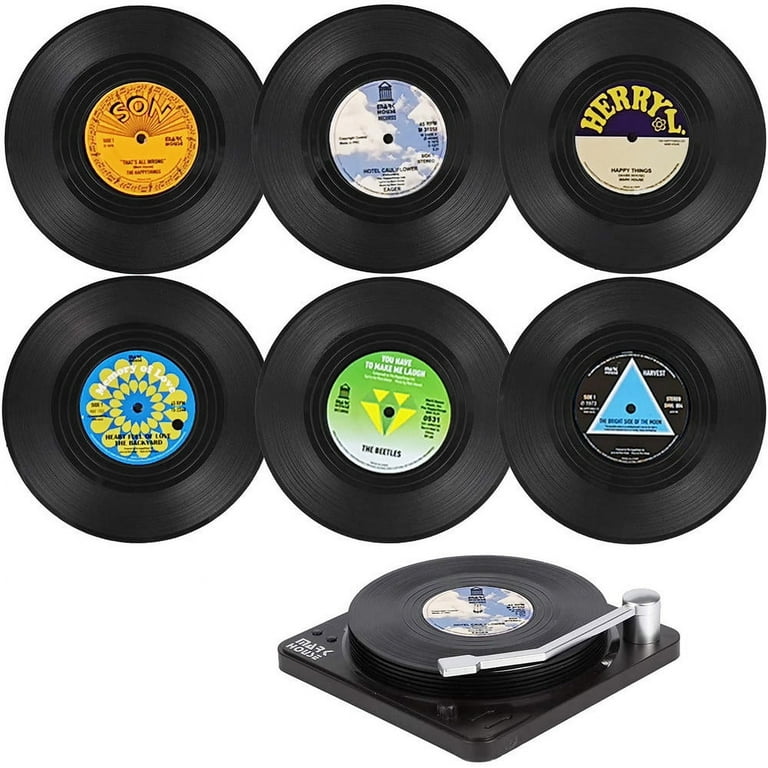 Set of 6 Vinyl Coasters for Drinks Music Coasters with Vinyl Record Player  Holder Retro Record Disk Coaster Mug Pad Mat Creative Decoration for Bar  Home Office 