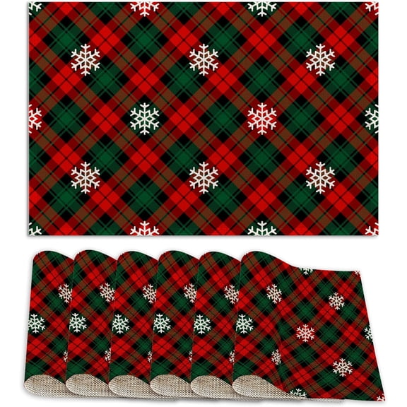 Set of 6 Washable Red Green Plaids Placemats Non-Slip Heat-Resistant 12x18 Inch Thick Decorative Retro Christmas Plaid Linen Table Mats for Dining Table Home Décor