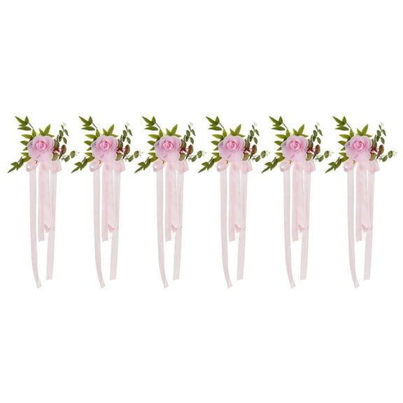 Set of 6 Wedding Pew Flowers - Chair Back Floral Decor with Silk Roses, Ribbons & Greenery for Aisle, Reception, Party - Indoor/Outdoor Ceremony Decorations