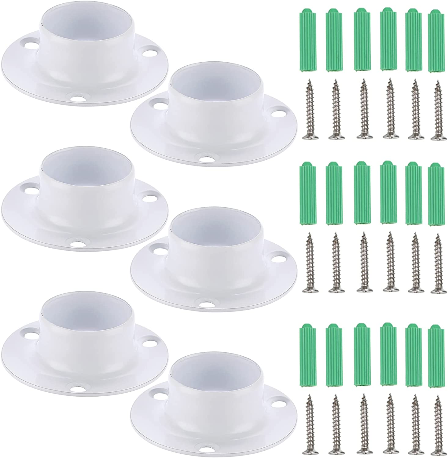 Set of 6 White Closet Pole Sockets 1" Metal Short Closet Rod Holders