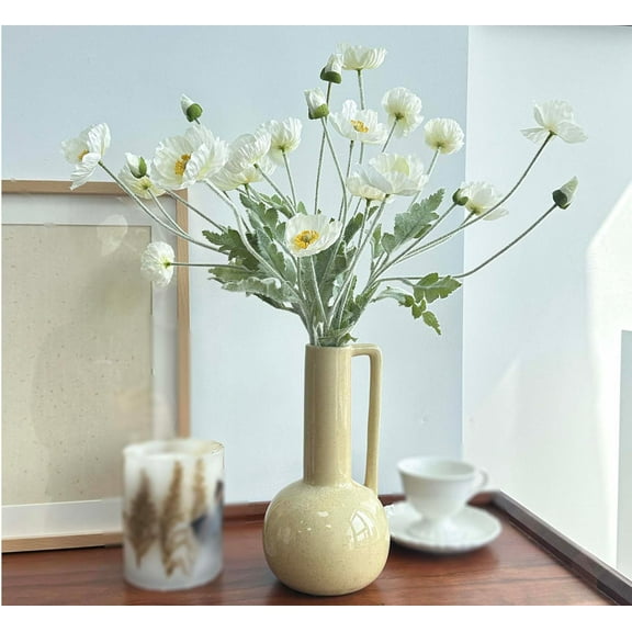 Set of 6 White Poppies Flowers Artificial for Vase, Faux Wildflowers with Long Stems, Silk Flowers Arrangement for Wedding Party Farmhouse Home Office Indoor Kitchen Dining Table Decoration