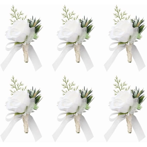 Set of 6 White Rose Boutonnieres Groom and Best Man Boutonniere Rose Leaves Corsage Men Set for Groom Groomsmen Wedding Prom Wedding Decoration Flowers White DIY