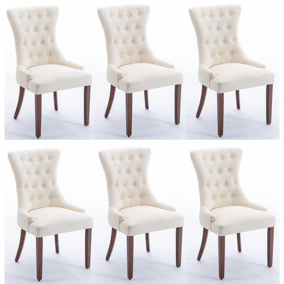 Set of 6 Wingback Upholstered Dining Chairs with Linen Fabric, Fabric Side Dining Room Chairs with Tufted Button, Living Room Chairs for Home Kitchen Dining Room Resturant (Beige)