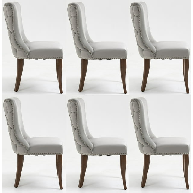 Set of 6 Wingback Upholstered Dining Chairs with Nailhead Trim, Fabric