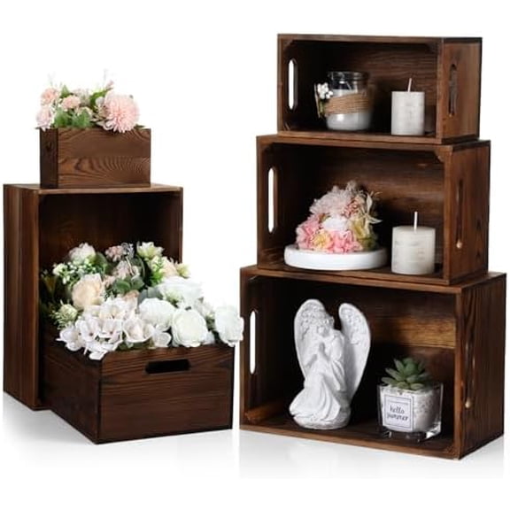 Set of 6 Wood Crates with Handles, Rustic Decorative Storage Boxes Distressed Wooden Nesting Display Baskets for Farmhouse, Wedding, Party Storage Display Supplies$$Home Decor, Kitchen, & Other