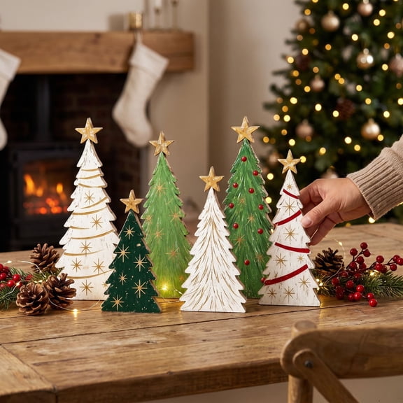 Set of 6 Wooden Christmas Tree Decorations, Freestanding Xmas Tree Shaped Tabletop Blocks, Holiday Shelf Window Display Ornament and Rustic Farmhouse Style