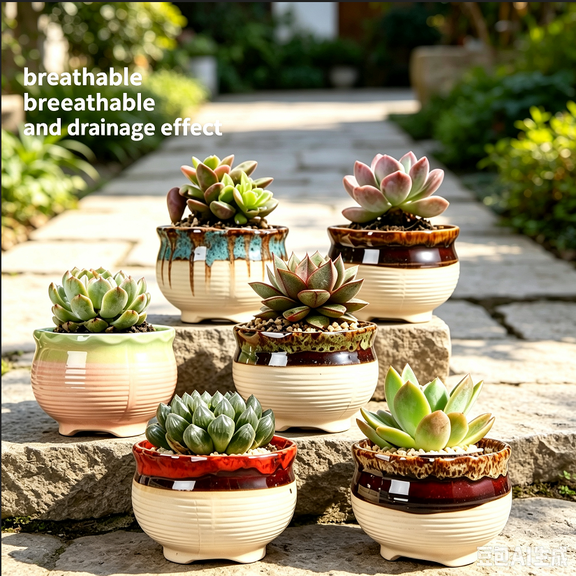 Set of 6 kiln-glazed small succulent pots, ceramic mini plant pots, suitable for cacti and small indoor plants, tabletop decorative planters (plants not included)