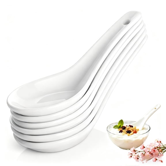 Set of 6 spoons, Asian ceramic spoons, 5.3 inches, suitable for Corelle tableware, can also be used for Vietnamese river flour, miso soup, wonton, ramen, dumplings and macarons,