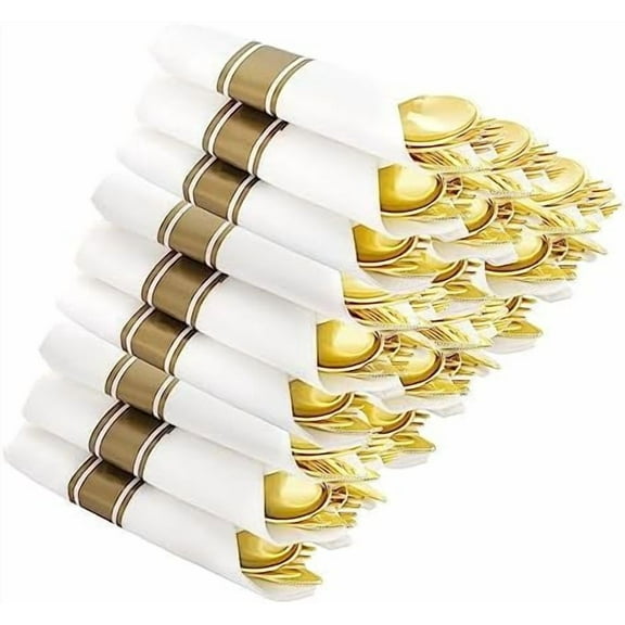 Set of 60 Wrapped Plastic Silverware Gold Pre Rolled Silverware Set Disposable,Plastic Cutlery for Parties,Disposable Cutlery Heavy Duty with Linen Napkins For Weddings Birhday