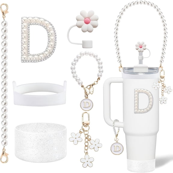 Set of 7 Additions for 30Oz And 40Oz Tumbler Cups, Featuring a Pearl Handle Strap, Initial Sticker, 10Mm Flower Straw Topper Cover, And Flower Charm-D