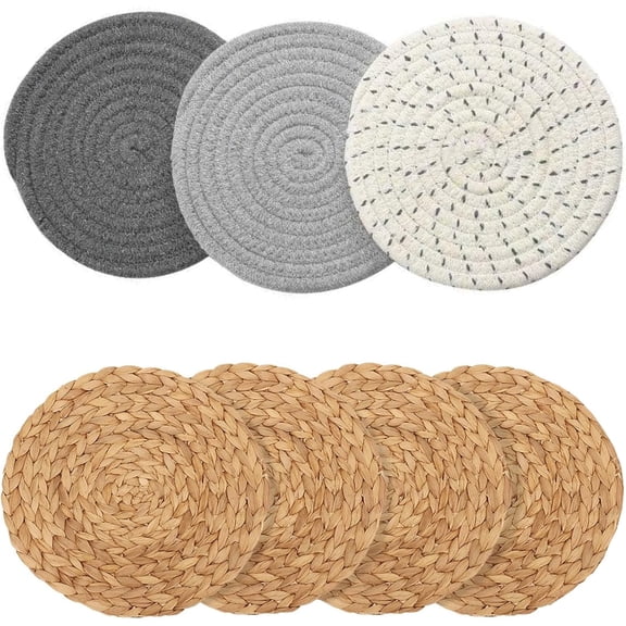 Set of 7 Braided Woven Place Mats,Bexikou Cotton Thread Weave Hot Pads,Natural Water Hyacinth Placemat,Round Woven Table Placemats for Dining Table,Home,Wedding