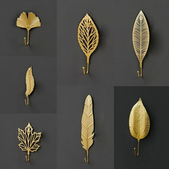 Set of 7 Decorative Leaves Iron Hooks Extra Large Plant Modern Key Holder Wall Mounted Gold Single Prong Coat Hanger for Hallways,Living Room,Bathroom and Kitchen