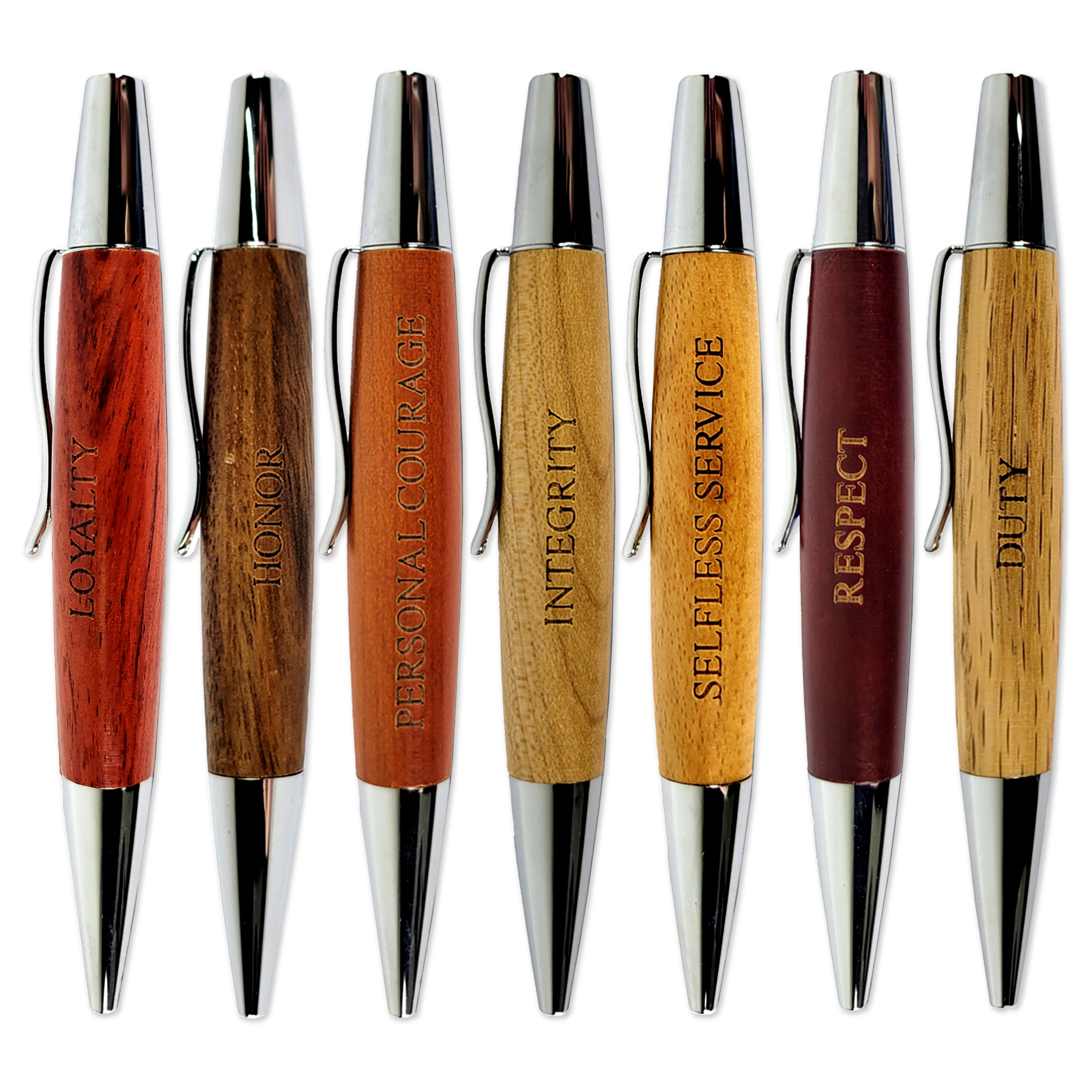 Set of 7 Engraved Wood Ballpoint Pens – Inspirational Gift Set with Affirmations: Loyalty, Integrity, Honor, Respect, Personal Courage, Selfless Service, Duty – Professional & Religious Office Gifts