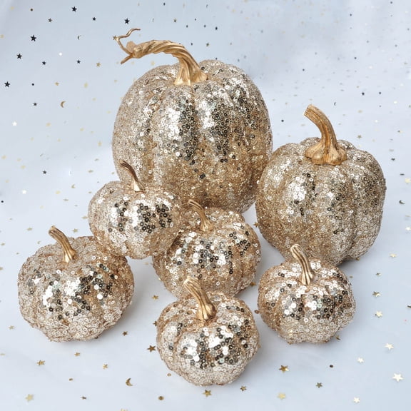 Set of 7 Glitter Gold Artificial Pumpkins, Decorative Fall Harvest Table Centerpiece, Sparkling Faux Pumpkin Ornaments for Thanksgiving, Halloween, Wedding, Party, and Home Decor