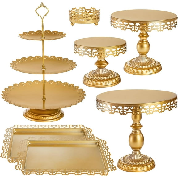 Set of 7 Gold Cake Stand, Metal Dessert Table Display Set Tiered Cupcake Holder, Decorative Candy Fruit Tower Plate Dessert Serving Tray Platter for Wedding, Birthday Party, Baby Shower