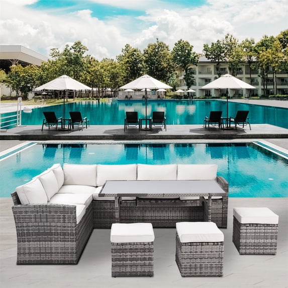 Set of 7 Outdoor Patio Furniture, 7 Pieces Outdoor Sectional Conversation Sofa with Dining Table, Chairs and Ottomans, with Backrest and Removable Cushions
