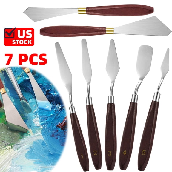 Set of 7 Painting Knife Set Spatula Palette Knife Stainless Steel Drawing Scraper Oil Painting Accessories with Wood Handle for Art Acrylic Draw Color Mixing Supplies