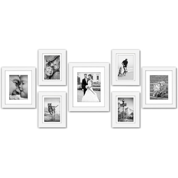 Set of 7 Picture Frames with Shatter-Resistant Glass - Gallery Wall Frame Set with One 11x14, Two 8x10 and Four 5x7 Frames - Signature Collection - White