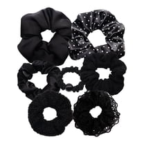 Set of 7 Satin Silk Scrunchies Soft Hair Ties Fashion Hair Bands Hair Bow Ropes Elastic Bracelets Ponytail Holders Hair Accessories for Women Girls (Assorted Multi-Styles, Black)