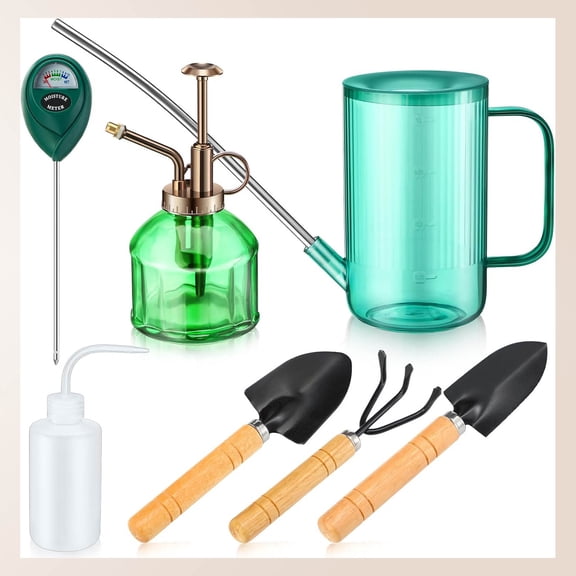 Set of 7 Vintage Glass Plant Mister Modern Long Spout Watering Can Squeeze Bottle Soil Moisture Meter Hand Planting Tools for Indoor Outdoor Gardening Potted Flower