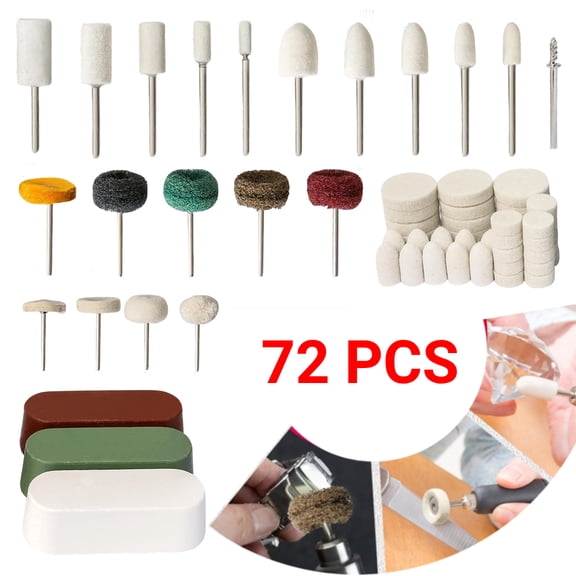 Set of 72 Buffing Wheel Polishing Kit Compatible with Dremel, with Polish Compound, Rotary Tool Accessories with 1/8" Shank, Abrasive Wheel Buffing Polishing Wire Brushes Wool Felt Cotton Mounted