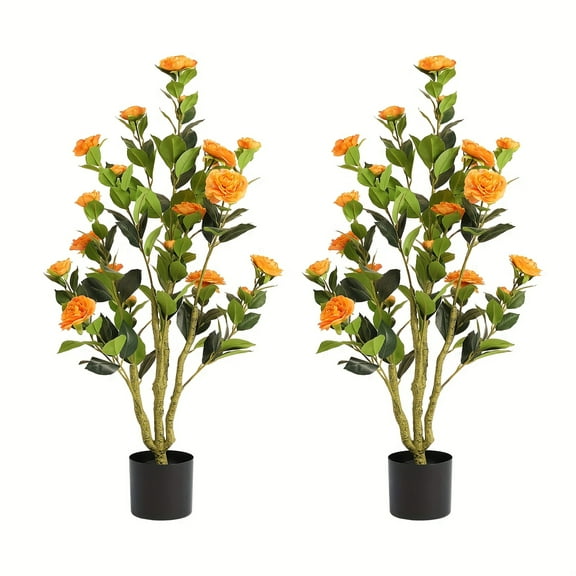 Set Of 78.74 - 43.31inch Artificial Rose Trees with Orange Flowers, Faux Potted for Indoor Outdoor Decor, Fake Greenery for Home, Office, Balcony, Patio, And Living Room Decoration