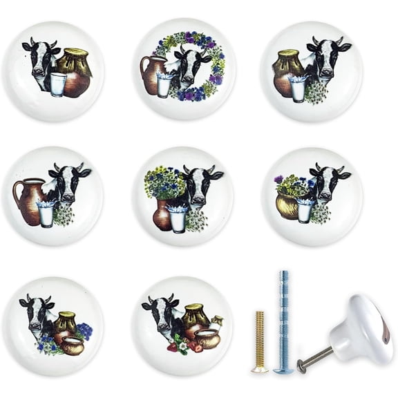Set of 8 1.5" Ceramics Cow with Flower Farmhouse Rustic Cabinet Knobs Unique Kitchen Dresser Drawer Knobs Pulls Cupboard Wardrobe Furniture Handles$$Tools & Hardware Other