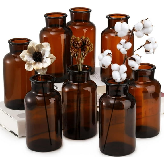 Set of 8 Amber Glass Vase, 17oz Boho Flower Vase Bud Vases Decorative Brown Medicine Glass Bottles Vintage Small Apothecary Jars for Home Dcor, Dining Table, Wedding Centerpiece, Bridal Shower