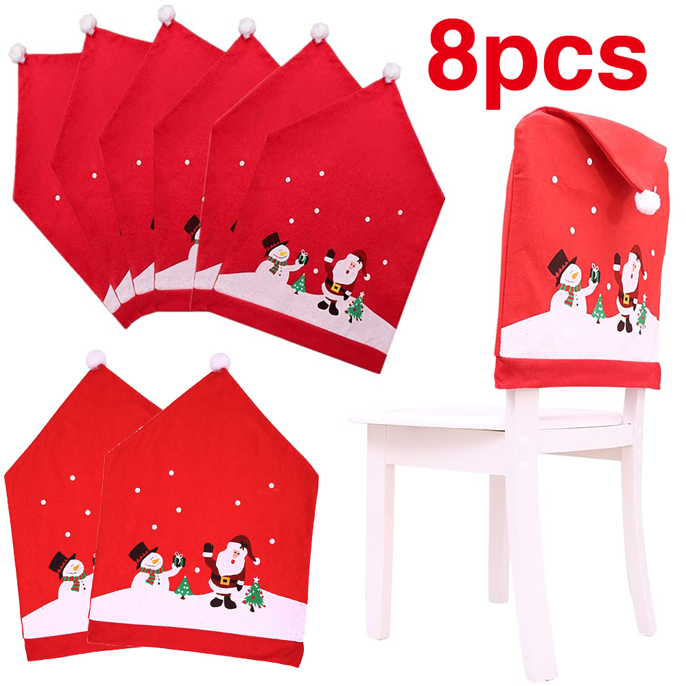 Set of 8 Christmas Chair Covers Santa Claus Elk Dining Table Christmas Hat Red & White with Pom