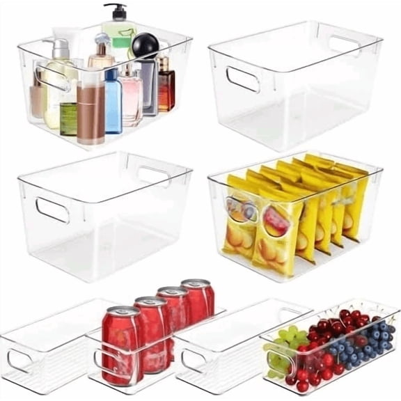 Set of 8 Clear Organizers and Storage Bins, 4 Large and 4 Small Stackable Plastic Storage Containers with Handles for Fridge, Freezer, Pantry, Cabinet, Kitchen Organization