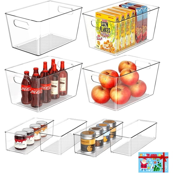 Set of 8 Clear Plastic Storage Bins, 6 Large +2 Small Pantry Organizers and Storage Containers for Kitchen Organization, Home Storage Essentials for Office, Closet, Garage, Freezer& Bathroom