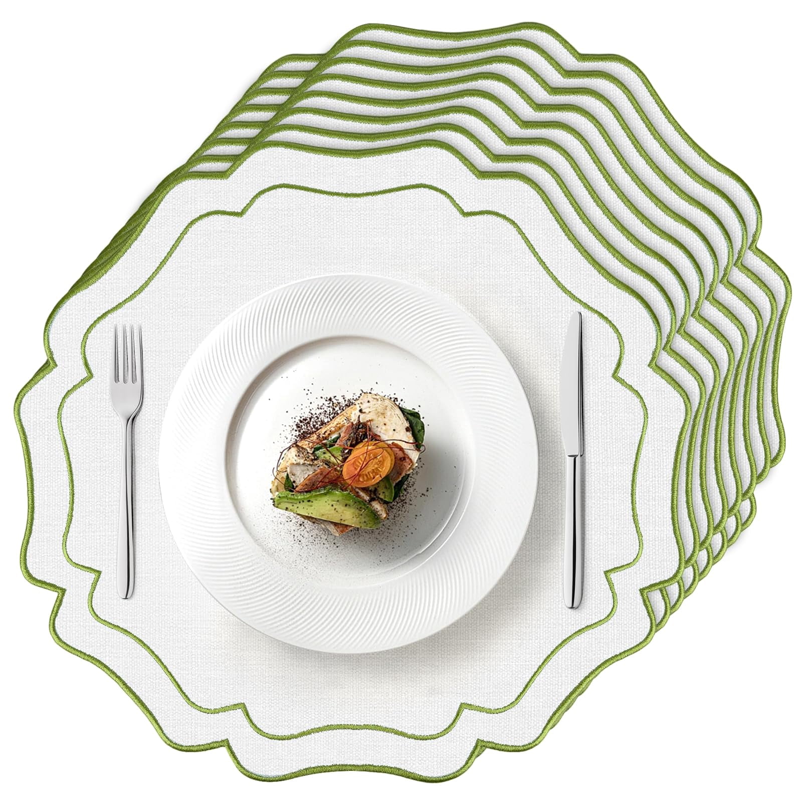 Set of 8 Cotton Linen Placemats, 15x15 Round Scalloped Cloth Table Mats ...
