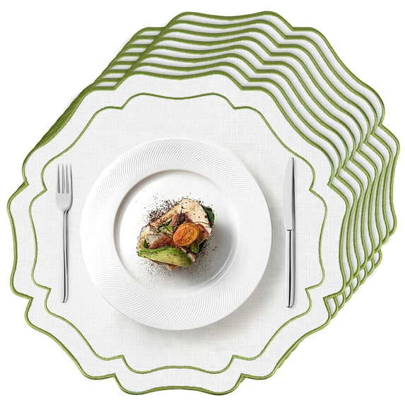 Set of 8 Cotton Linen Placemats, 15x15 Round Scalloped Cloth Table Mats ...