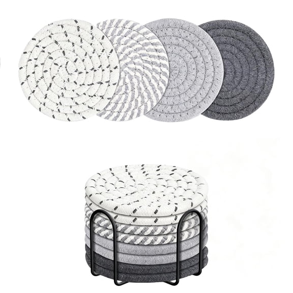 Set of 8 Cotton Linen Woven Drink Coasters with Metal Storage Holder, Absorbent Heat Resistant Boho Round Table Coasters for Coffee Beer Mugs Home Decor