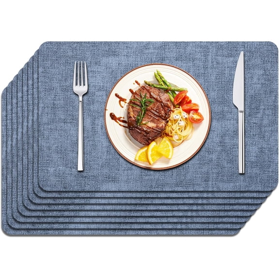 Set of 8 Faux Leather Table Placemats – Heat Resistant, Waterproof, Easy to Clean, Non-Slip Mats for Dining Table, Kitchen, Indoor & Outdoor, 17”x12”, Blue
