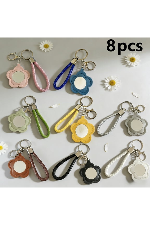 Set of 8 Floral Mirror Keychains for Women -Leather Flower Keychain Charms Featuring a Metal Ring & Compact Mirror, Handy Makeup Mirror with Keychain And Hand Strap for Travel &Daily Use, Party Gifts