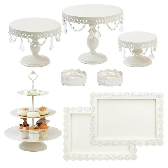 Set of 8 Golden Cake Stands with Crystal Bling Pendants, Round Metal Dessert Table Display Set, 3-Tier CupCake Tower Displaying Table for Birthday Party Baby Shower Wedding Decor  Decorations