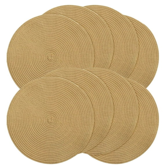 Set of 8 Hand Woven Place Mats,Non-Slip Braided Placemats,Round Insulation Mat,Washable Anti-Skid Pads,Heat Resistant Table Pads,for Home Kitchen Dining Meeting Party Gold 15 Inch