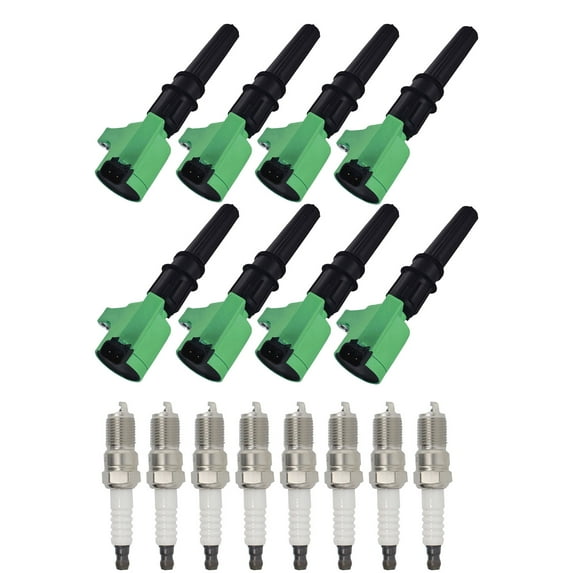 Set of 8 ISA Brand Green Color Ignition Coils and 8 ISA Brand Spark Plugs Compatible with 1999-2004 Ford F-250 Super Duty 6.8L V10 Replacement for DG508