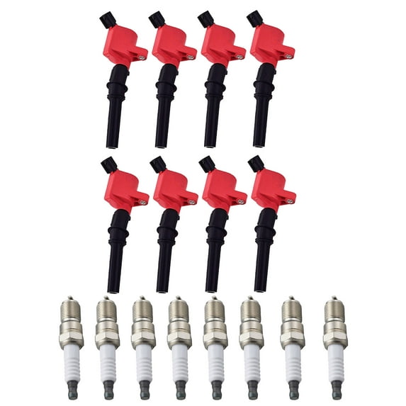 Set of 8 ISA Brand Red Color Ignition Coils and ISA Brand Spark Plugs Compatible with 2000 Ford E-150 Econoline Club Wagon 4.6L V8 Replacement for DG508
