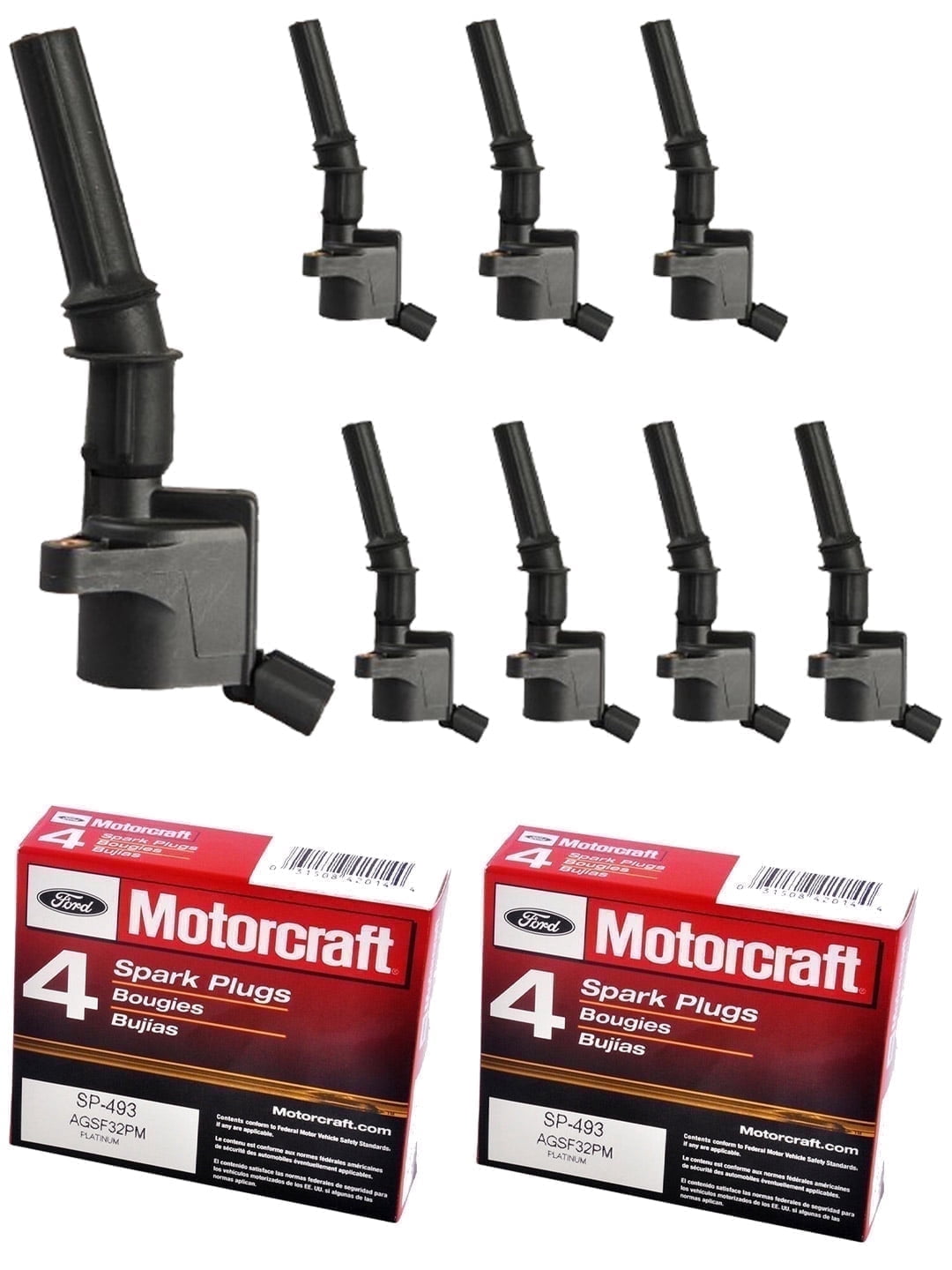 Set of 8 ISA Ignition Coils and 8 Motorcraft Spark Plugs Compatible with 1997-2004 Ford E-350 Econoline Super Duty Club Wagon E-450 E-550 Eco Super Duty 6.8L V10 Replacement for FD503 SP493