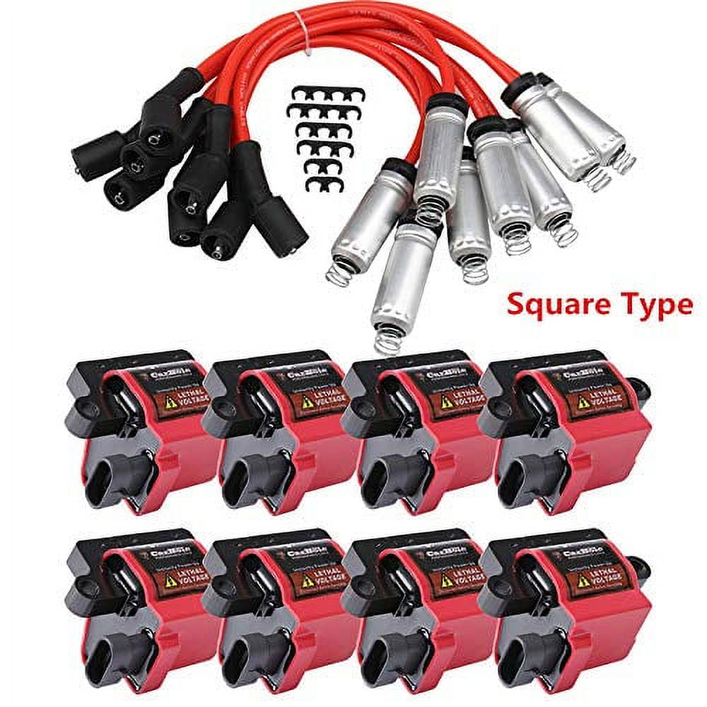 Red Ignition Coil Pack + Iridium Spark Plugs For 03-06 Chevy Avalanche 1500, 03-05 GMC Savana 1500 2500 3500, GMC Sierra 1500 HD 2500 HD